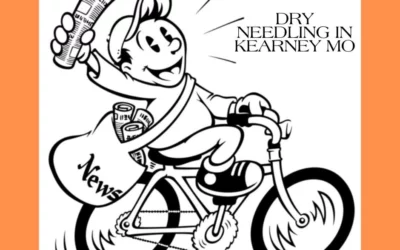 Cartoon character riding a bicycle with a newspaper bag, promoting "Dry Needling in Kearney MO," emphasizing physical therapy services related to performance enhancement.